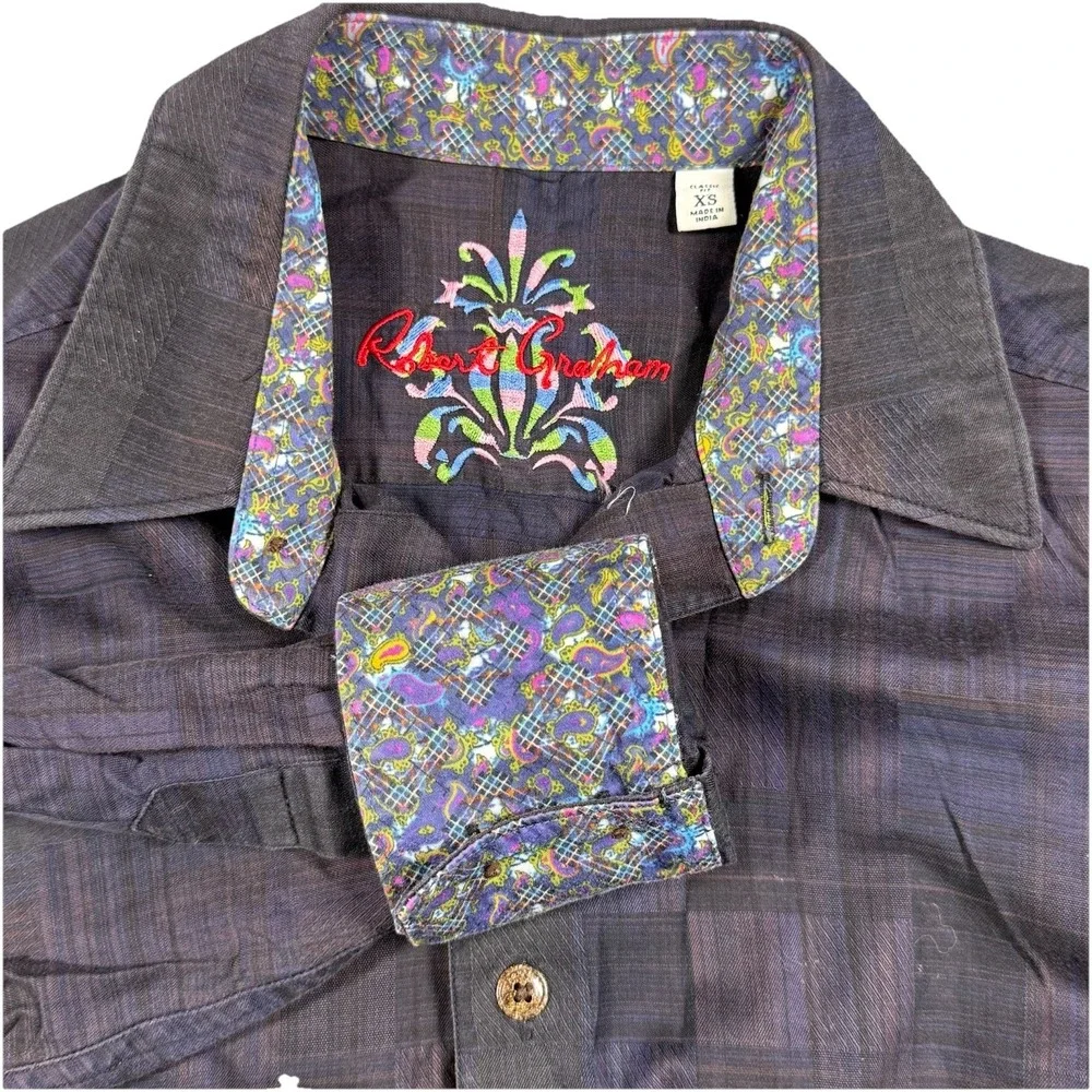 Robert Graham Shirt Mens XS Black Purple Plaid Classic Fit Embroidered Flip Cuff
